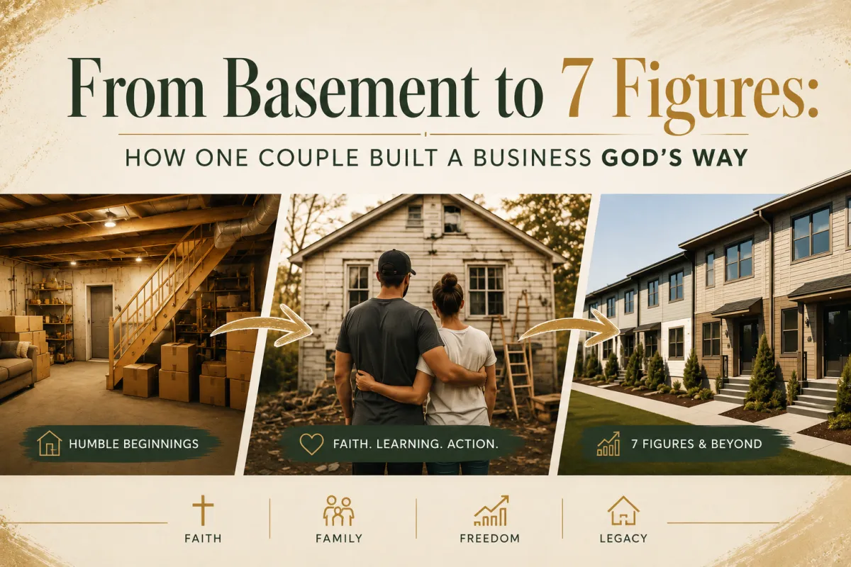 A clean, modern blog cover illustrating a family's journey from humble beginnings to business success. Three connected images show a basement representing difficult beginnings, a couple standing together in front of a fixer-upper home symbolizing faith and perseverance, and a row of modern townhomes representing growth and seven-figure success. Gold arrows connect the images to emphasize progress, while the warm beige, green, and gold color palette reflects a premium, faith-centered family business brand. The headline reads, "From Basement to 7 Figures: How One Couple Built a Business God's Way."