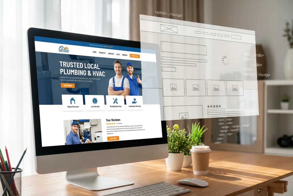 Website shown finished on one side and as an unrendered wireframe with loading code on the other.