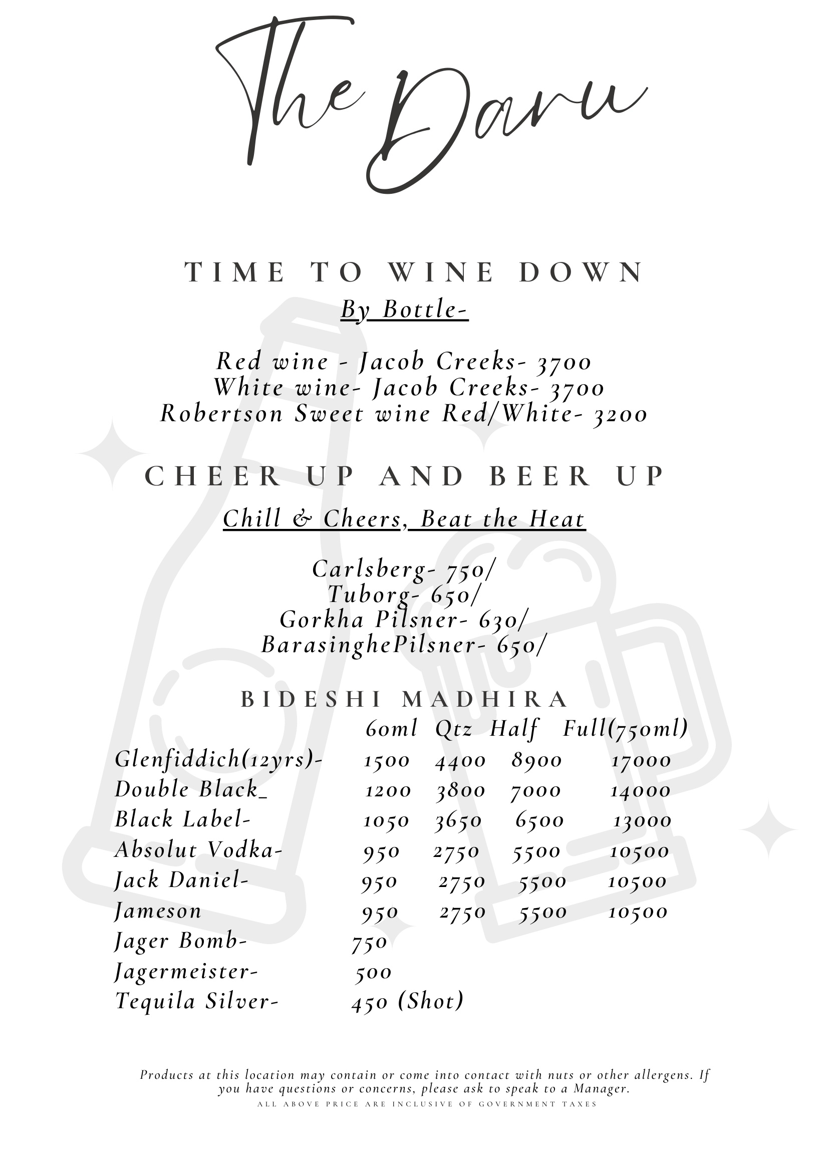 Classic Cocktails menu section at Prachin Hospitality featuring a list of mixed drinks and prices.