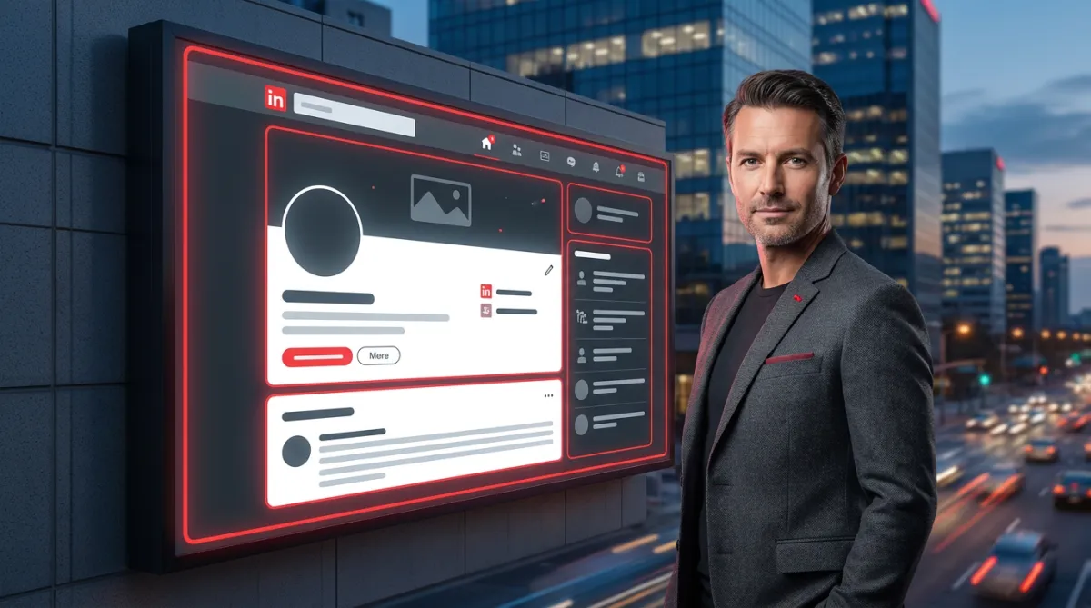 Professional man in a blazer standing beside a large, glowing digital billboard that displays a LinkedIn profile interface, set against a modern city skyline at dusk, symbolizing a LinkedIn profile as a personal brand billboard.