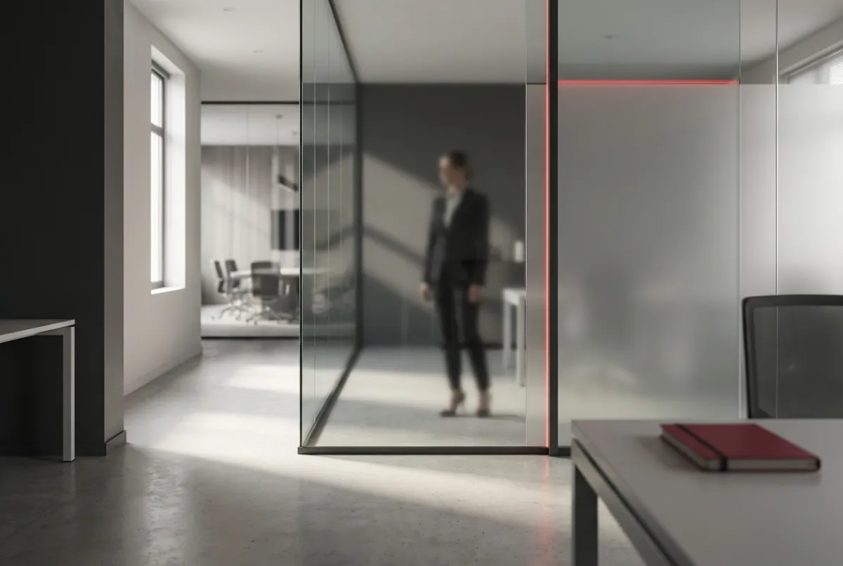 Professional in a modern glass office, partially shadowed and slightly blurred, illustrating workplace visibility strategy and positioning challenges.