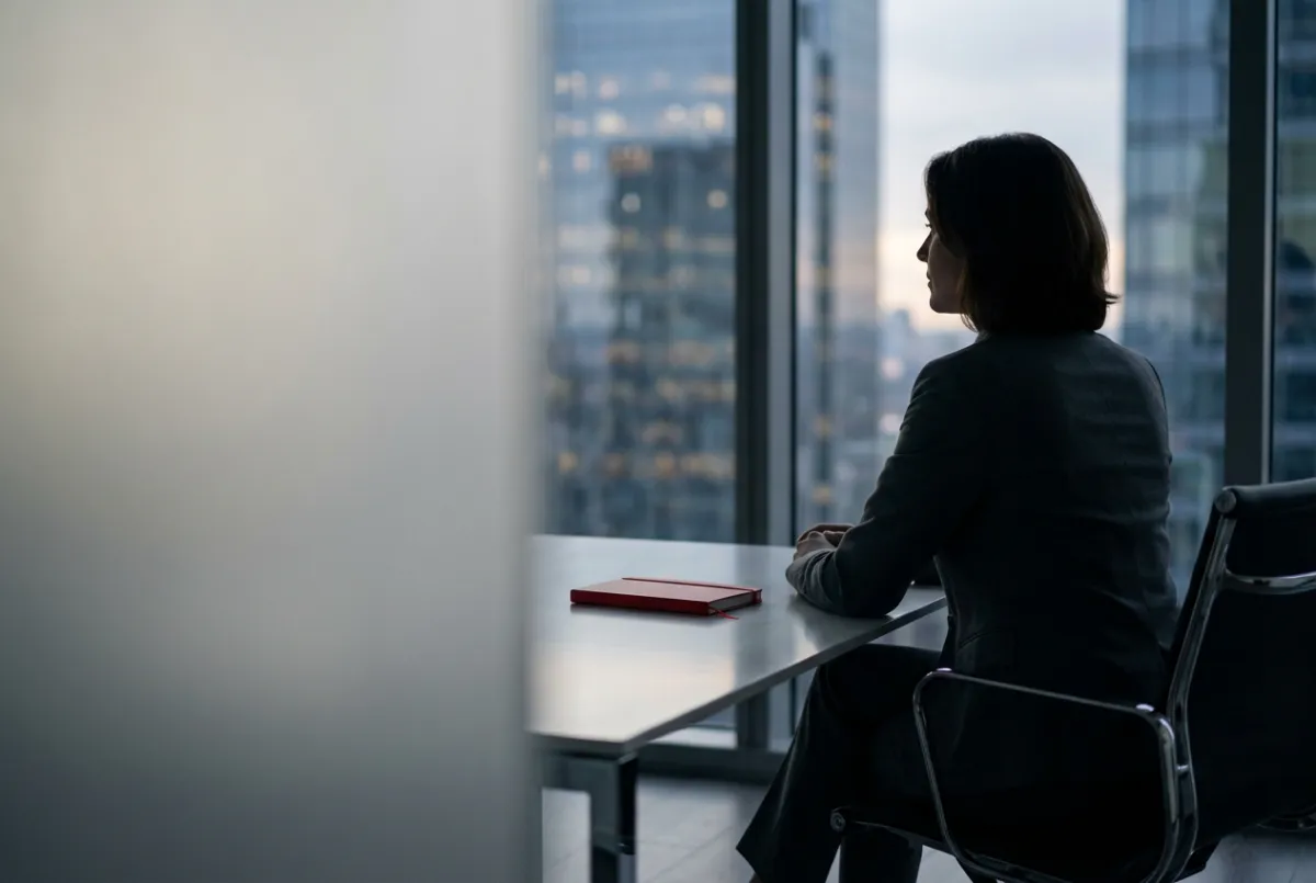 Executive in a glass office overlooking the city skyline, symbolizing thought leadership and internal influence.