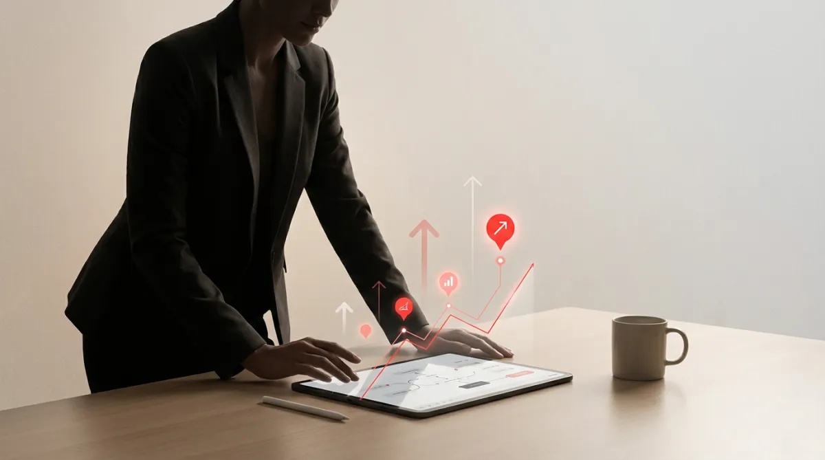 Professional reviewing a strategic growth roadmap on a tablet with rising milestone markers, symbolizing Surge momentum.