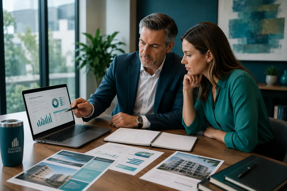 Investor and advisor discussing private real estate deals in an office