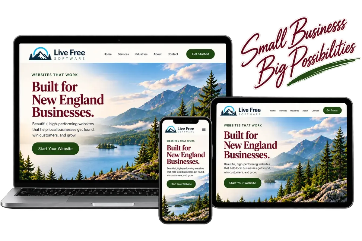 Live Free Software responsive web design displayed on laptop, tablet, and mobile devices for New England small businesses