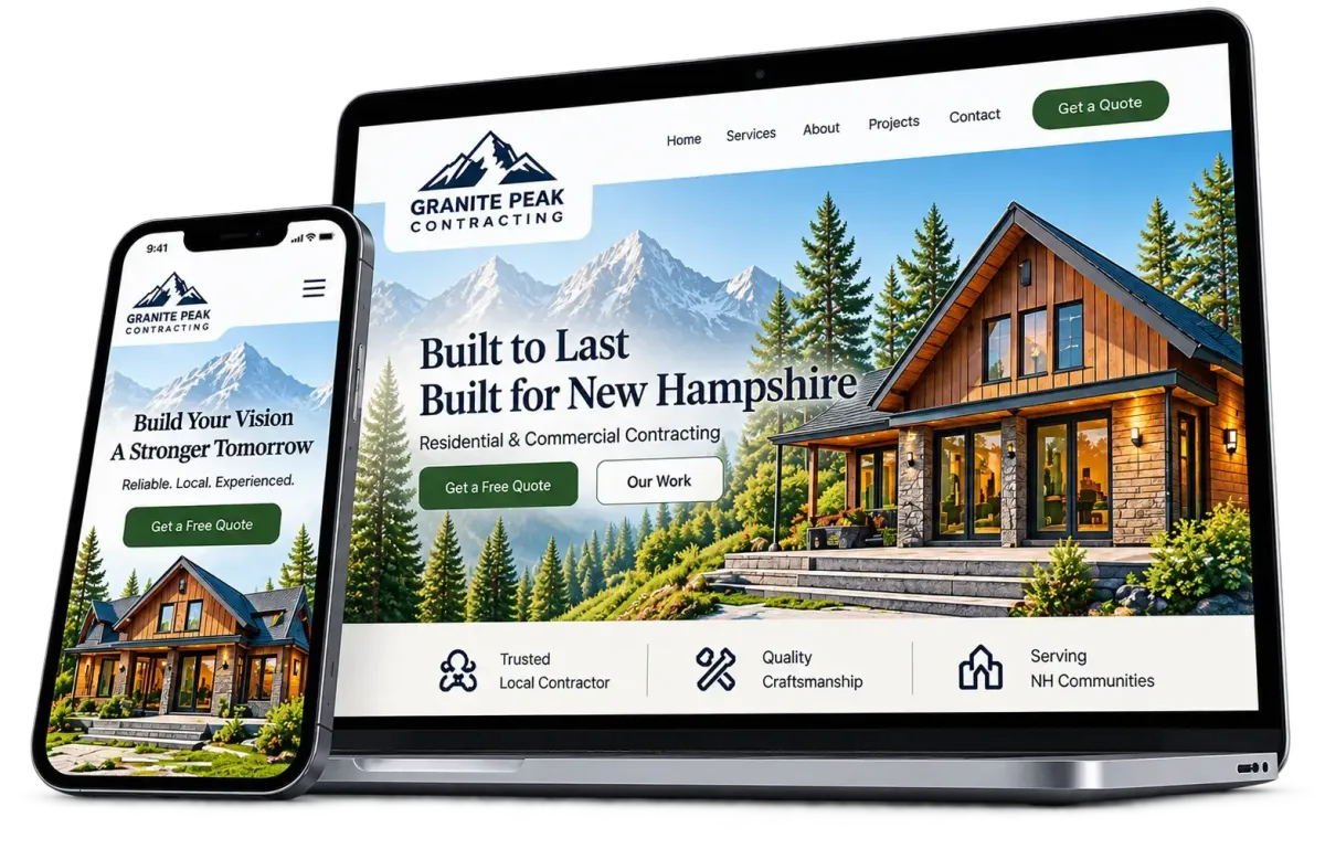 Responsive New Hampshire small business website design displayed on laptop and mobile devices by Live Free Software.