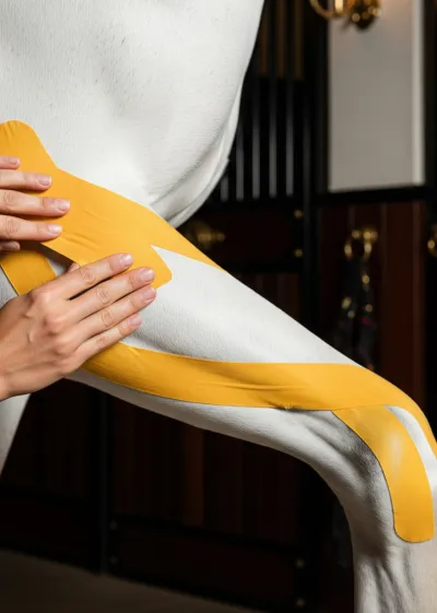 A brown horse being trained in an arena.