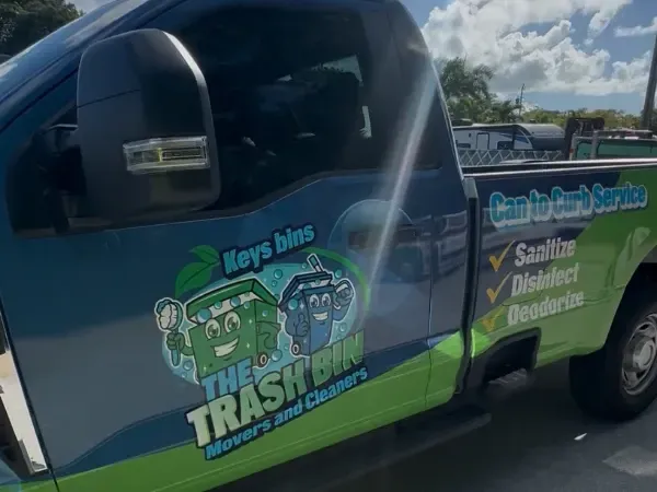 Truck with Keys Bins branding offering trash bin sanitizing, disinfecting, and deodorizing services.
