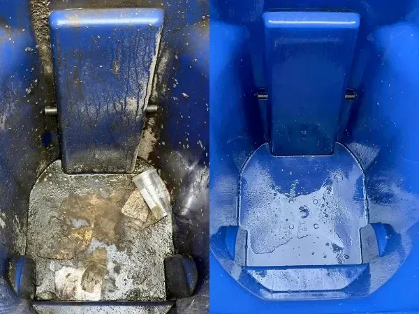 Side-by-side of a trash bin covered in sludge and the same bin looking clean and sanitized.