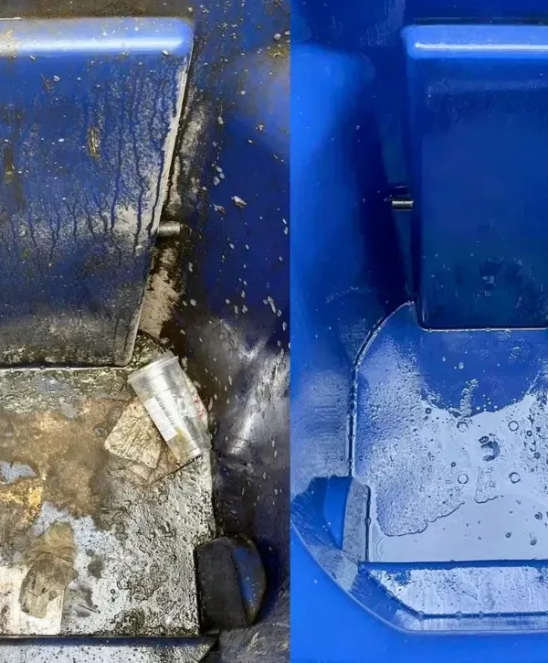 Comparison of a filthy garbage bin and the same bin after professional cleaning.