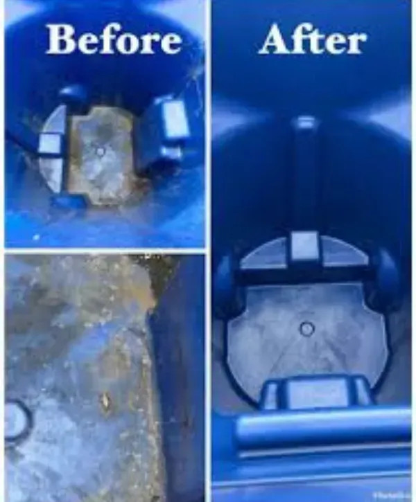 ide-by-side comparison showing before and after trash bin cleaning results.