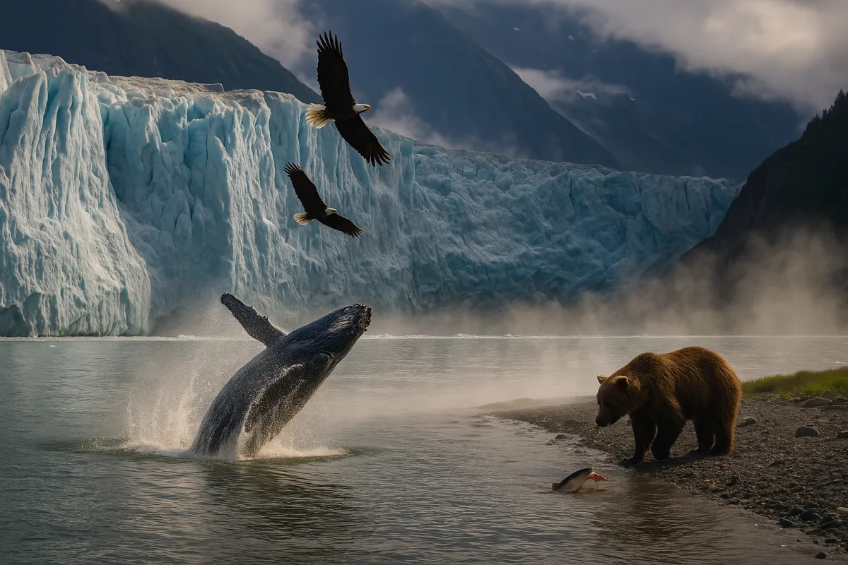  A stunning moment from a luxury Alaska cruise glacier, breaching whale, bald eagles, and a bear fishing for salmon.