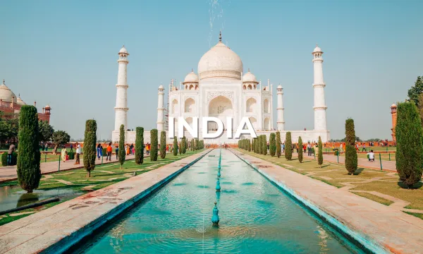 Majestic view of the Taj Mahal in Agra, India, with its reflecting pool and lush green gardens.
