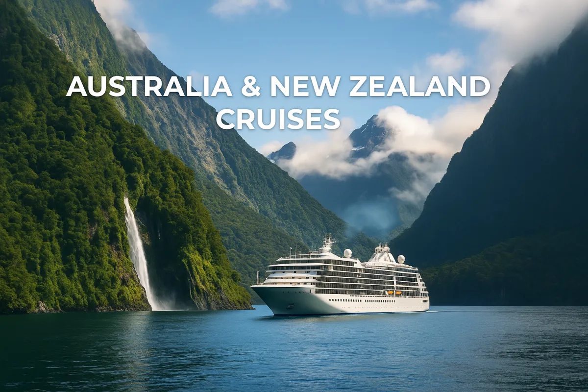 A luxury cruise ship sails through New Zealand’s iconic Milford Sound, surrounded by towering green mountains, dramatic cliffs, a waterfall, and misty peaks.