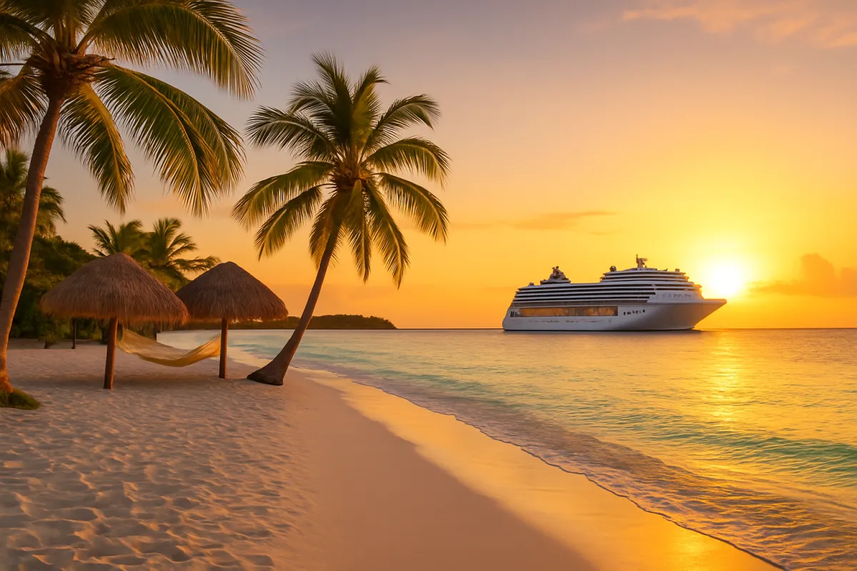 Tropical Caribbean beach at sunset with palm trees, thatched palapas, soft white sand, turquoise water, and a luxury cruise ship anchored offshore.