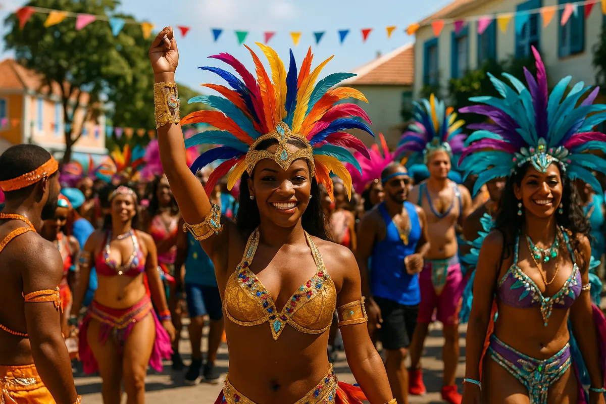 Smiling woman in a colorful feathered costume celebrating Caribbean Carnival, surrounded by dancers in vibrant outfits on a sunny street.