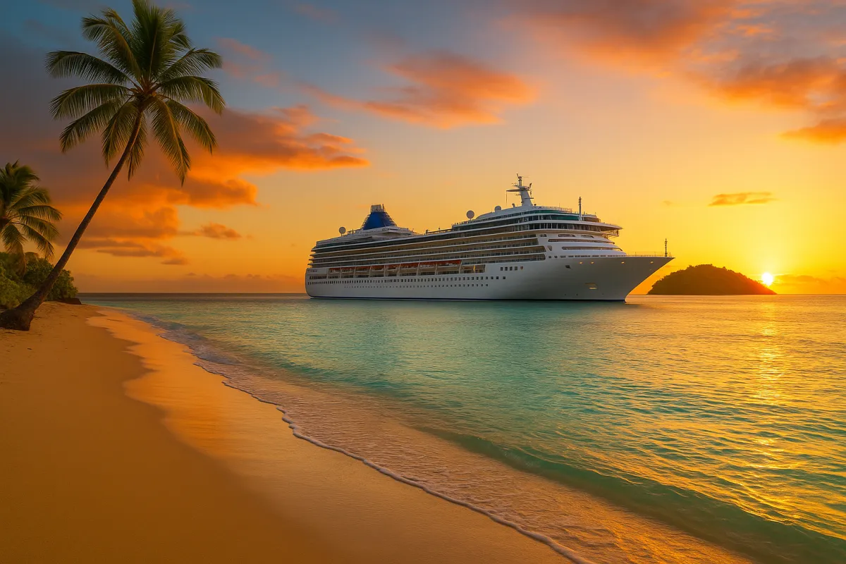 Luxury cruise ship anchored off a golden Caribbean beach at sunset, with turquoise waters, palm trees, and a glowing sky in the background.