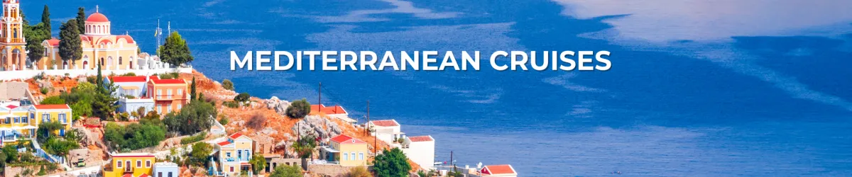 Colorful cliffside houses and a domed church overlooking the sparkling blue Mediterranean Sea—capturing the charm and elegance of Mediterranean cruise destinations.