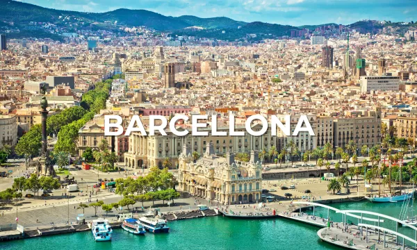 Aerial view of Barcelona’s historic waterfront and bustling marina under blue skies, with Montjuïc hill in the background.