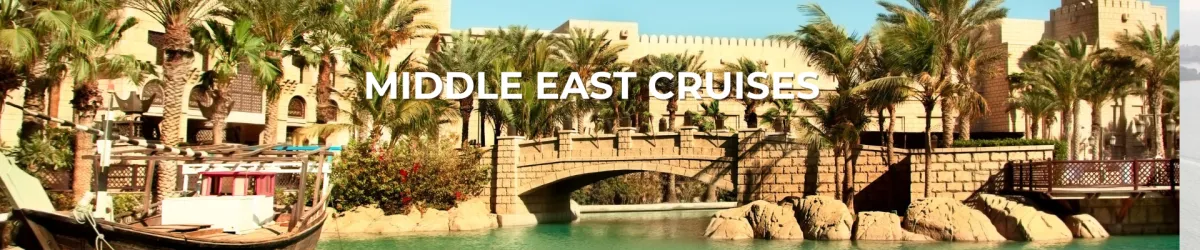 Traditional dhow boats and palm-lined waterways in front of a luxurious Middle Eastern resort, perfect backdrop for exclusive Middle East cruises with Sassy Luxury Cruises.