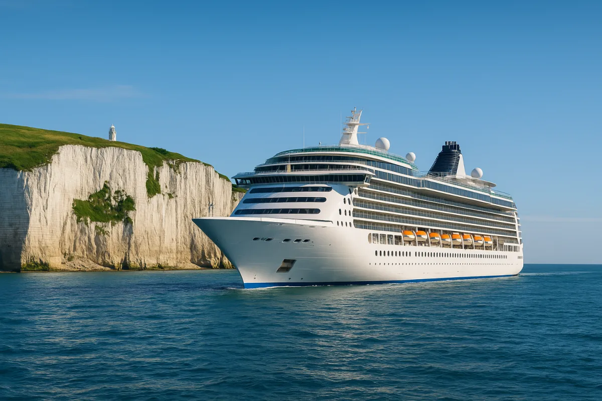 A large white luxury cruise ship sails past the iconic White Cliffs of Dover under a clear blue sky, with a lighthouse visible on top of the cliffs. The calm blue sea and the striking white cliffs create a classic British departure scene. 