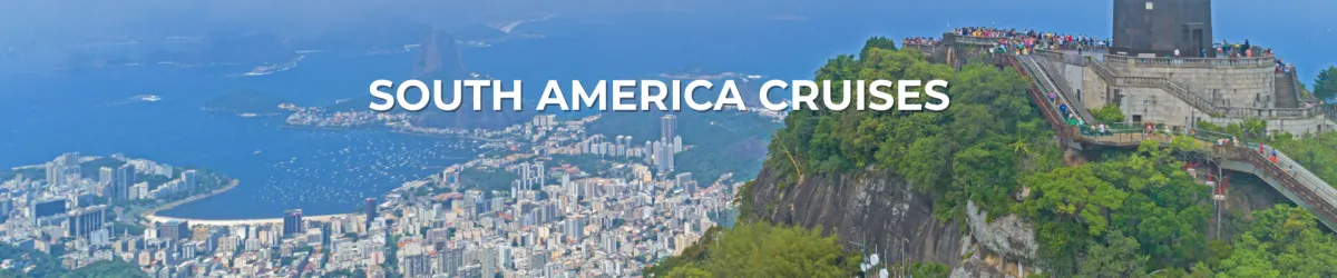 Panoramic view of Rio de Janeiro’s Sugarloaf Mountain and Christ the Redeemer statue, overlooking the city and coastline, with overlaid text “South America Cruises” and the Luxury Sassy Cruises logo.