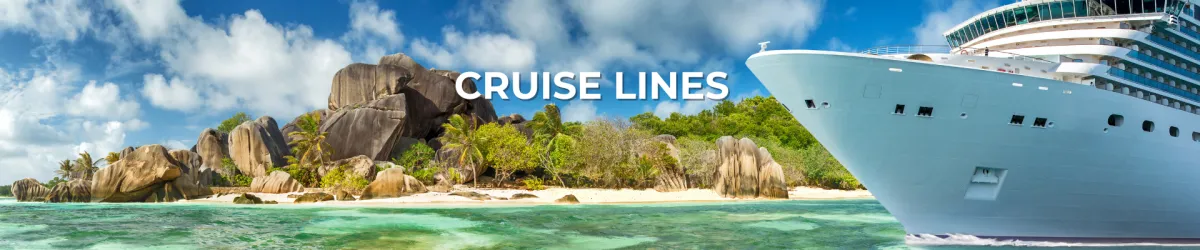 Modern white cruise ship sailing past a tropical island with granite rocks, palm trees, and turquoise water – banner image for Cruise Lines page on Luxury Sassy Cruises.