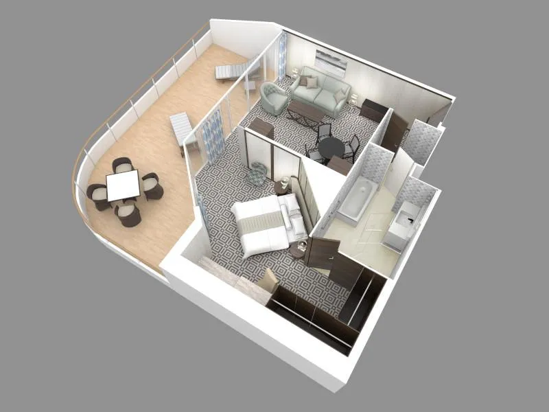 3D floor plan layout of the Azamara Owner’s Suite showing living area, bedroom, and expansive balcony.