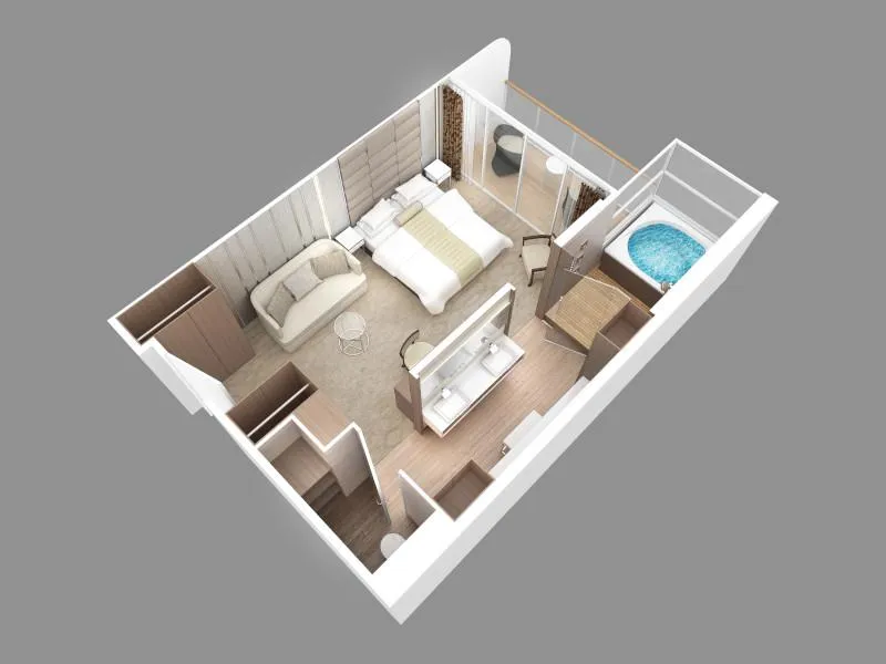 3D floor plan of a 414 sq. ft. Owner’s Suite with separate lounge, bedroom, and balcony layout.