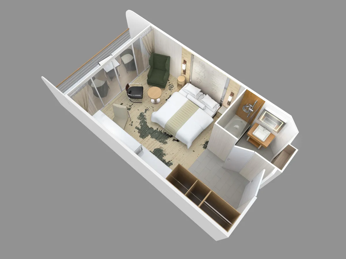 Top-down 3D layout of Club Continent Suite featuring sleeping area, balcony, lounge space, and bathroom.