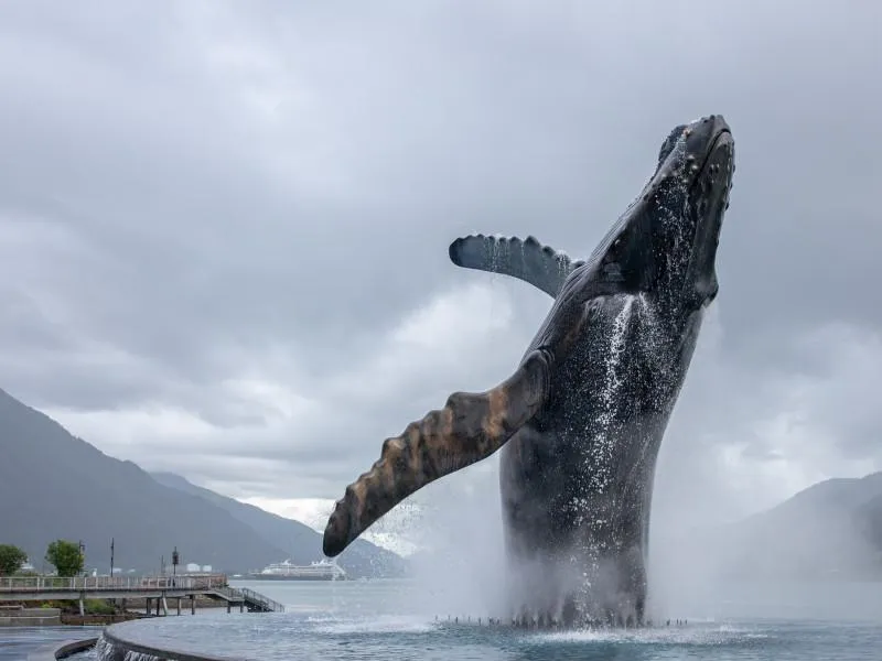 Bronze humpback whale statue in Juneau, Alaska, with water spraying from the fountain and mountains in the background – captured on an Azamara cruise excursion