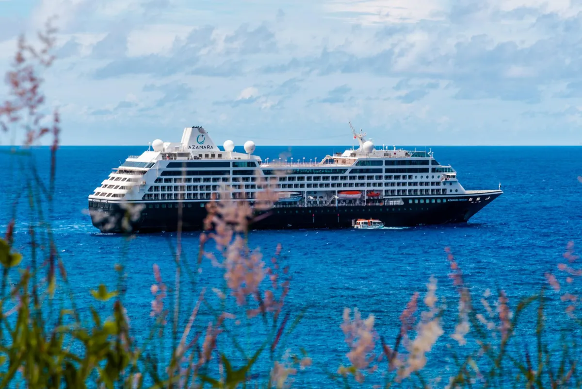 Azamara cruise ship sailing across calm blue waters with wildflowers in the foreground.