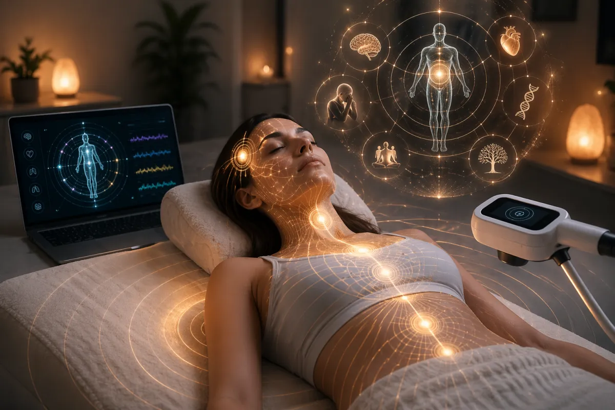a woman on a bed and the fiel seearching for the imbalances in her field