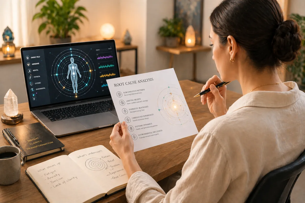 a woman at the computer trying to understand teh root cause based on the analysis