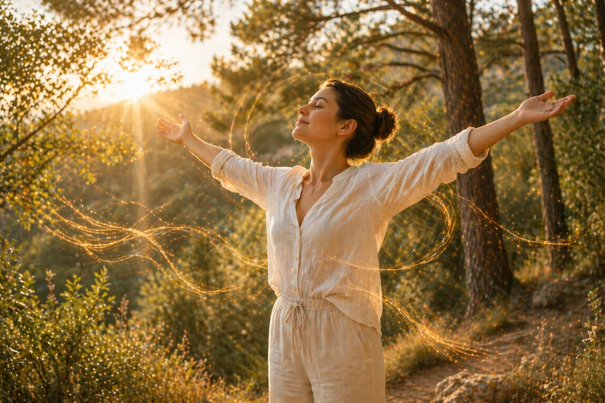 a happy peaceful free healthy woman
