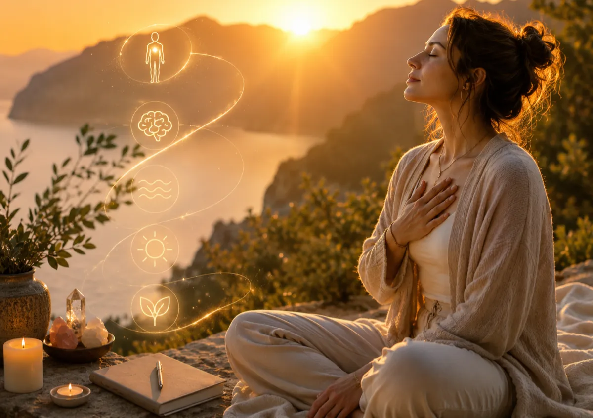a woman satified and fulfilled happy, in alignment and at peace