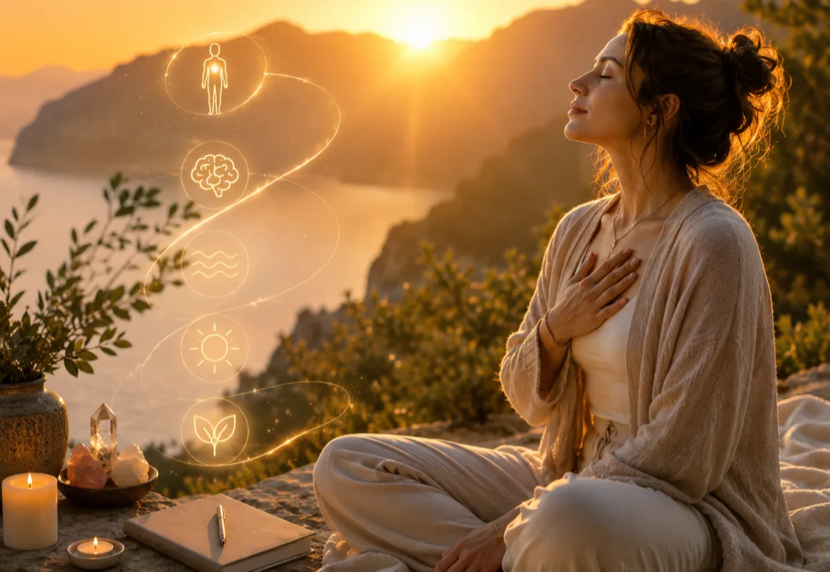 a woman satified and fulfilled happy, in alignment and at peace