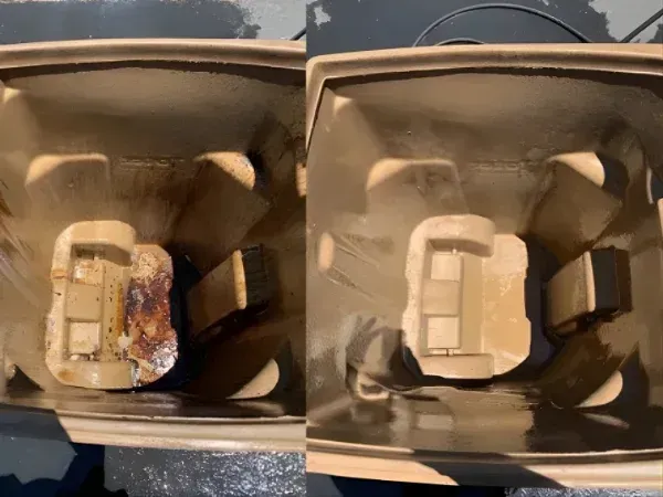 Before and after trash bin cleaning showing a dirty bin turned spotless, 