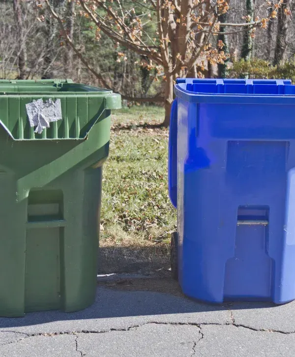 A green and a blue trash can sit side-by-side on cracked pavement with a grassy and wooded background.