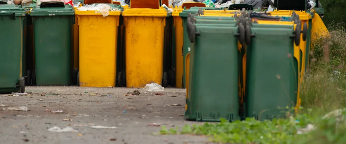 A row of numerous green and yellow waste bins overflowing with trash on a dirty, littered ground with grass.