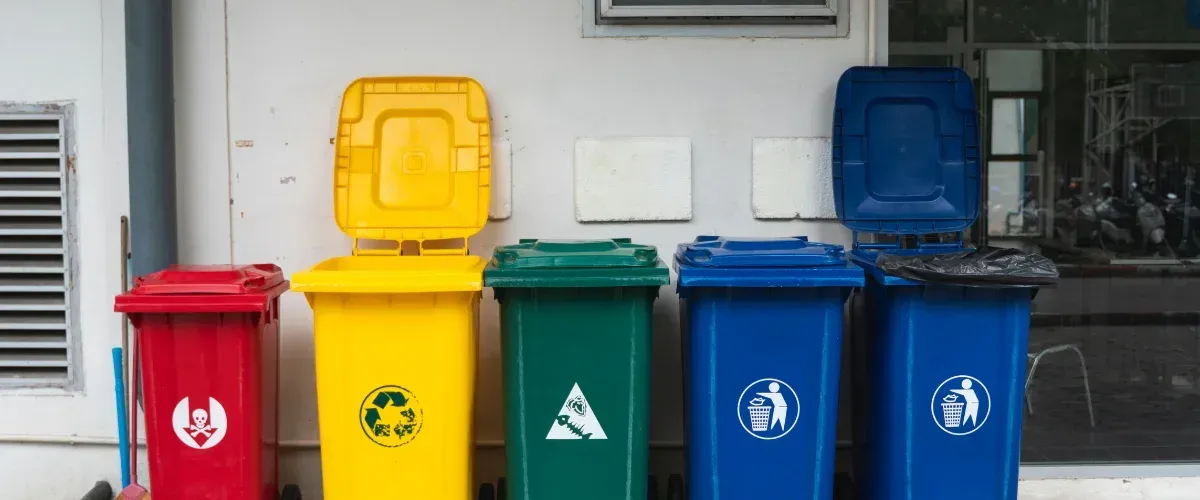 A row of five colorful waste bins (red, yellow, green, blue) with symbols for hazardous, recycle, organic, and general waste.