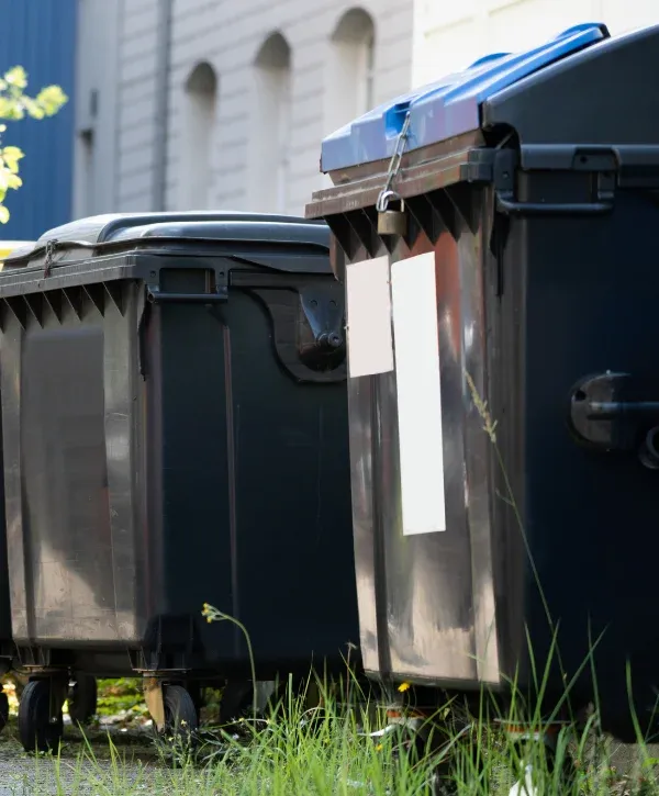 Two large dark industrial bins with wheels, one with a blue lid and padlock, stand on grass beside a building.