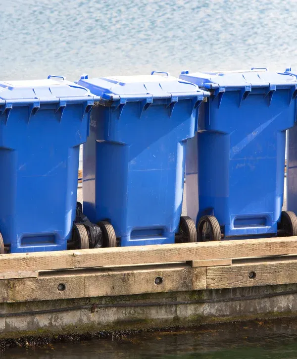 Three blue recycling bins with wheels lined up on a wooden dock next to calm water on a sunny day.