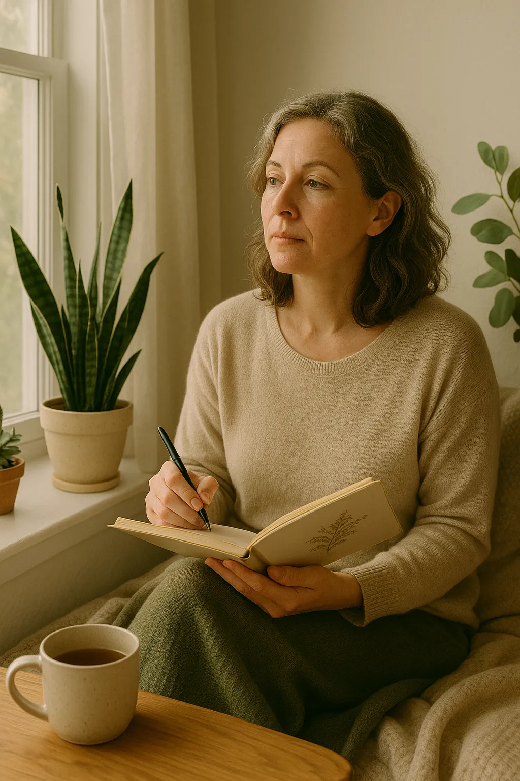 Midlife woman journaling to set boundaries and overcome feelings of overwhelm.