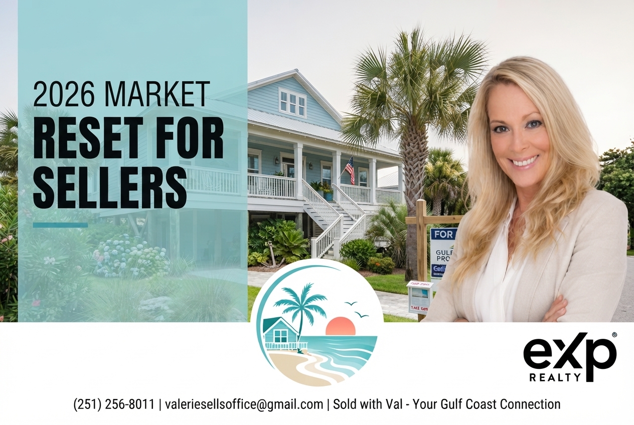 2026 market reset for sellers blog cover with Valerie Wilks, broker at eXp Realty, Gulf Shores and Orange Beach