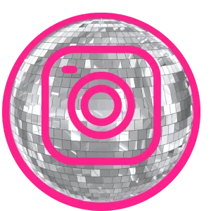 pink Instagram logo over a disco ball image framed with pink