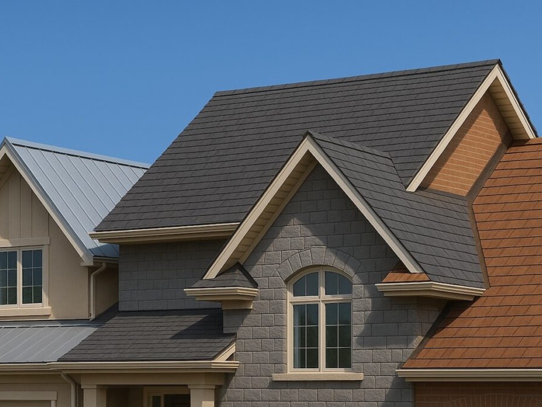 a red roof with two windows and a sky background