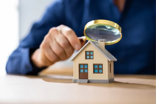 Person examining a miniature house model with a magnifying glass on a desk, representing a pre-listing home inspection.