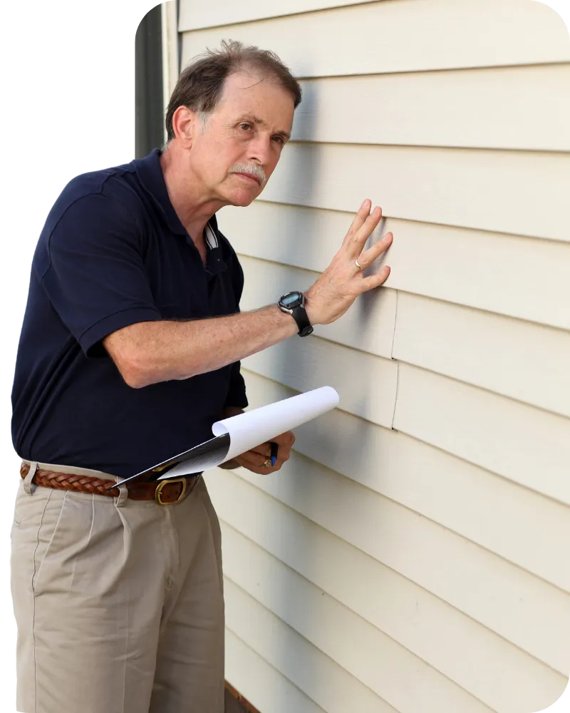 Home inspector examining exterior siding of a house — representing thorough and reliable home inspections in Orlando, FL.