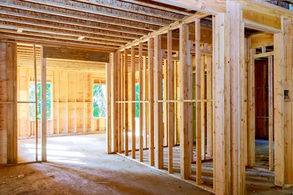 Interior view of a home under construction showing exposed wooden framing and wiring during a pre-drywall inspection.